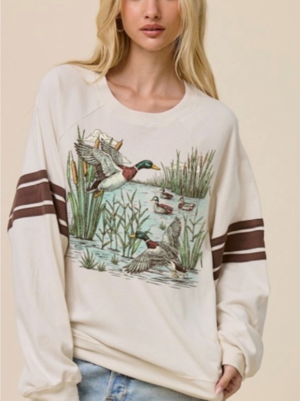 Mallard Duck Graphic Oversized Sweatshirt Varsity Striped Sleeve Size S NWT